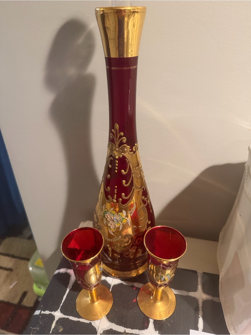 Hand-Painted Red and Gold Decorative Glass Vase with Matching Goblets